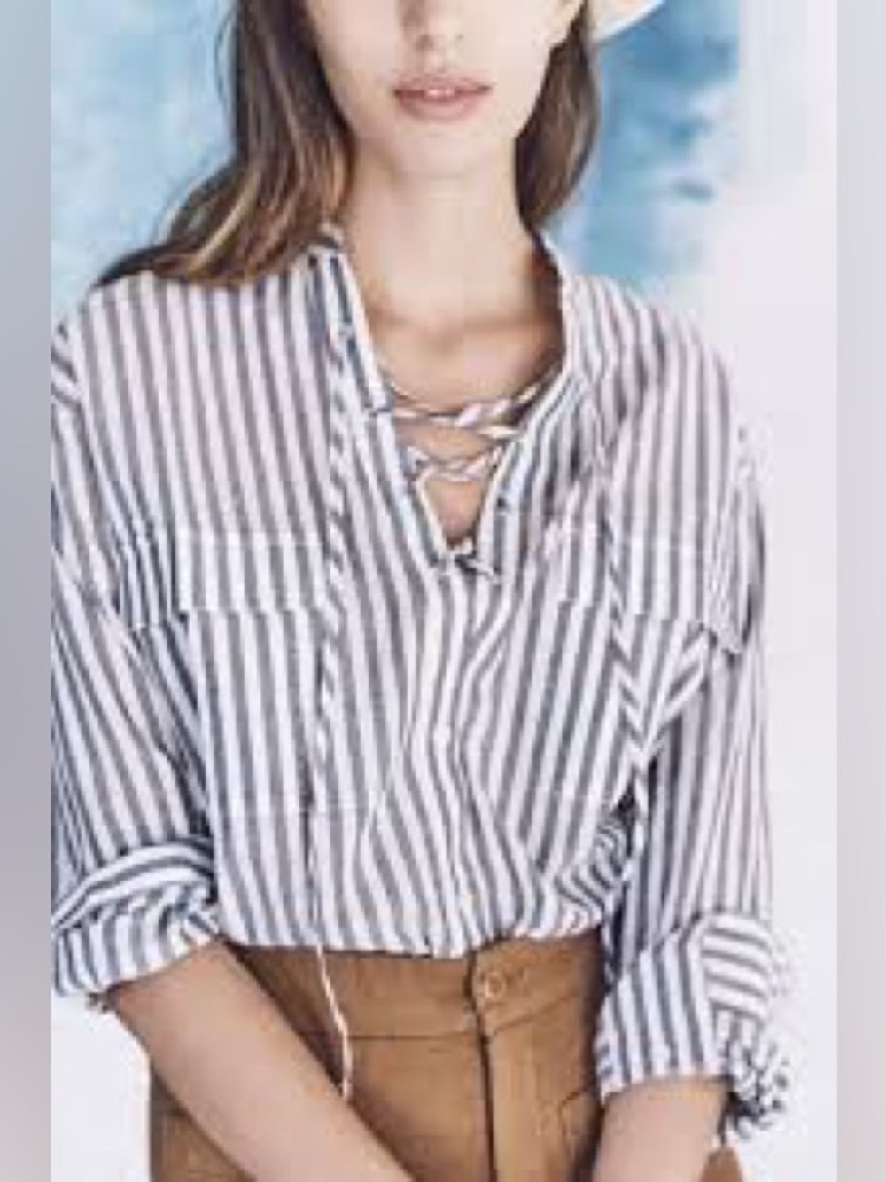 Madewell Wms‎ Dark Blue Seersucker Striped Laced Cotton Popover Casual Top XS